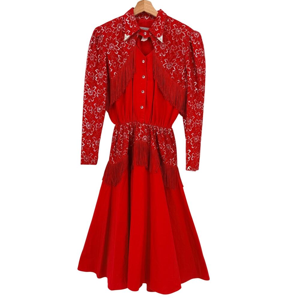 Vtg Lilia Smitty Exclusive Red Western Cowgirl Dress Sz 11 12 Fringe Lace